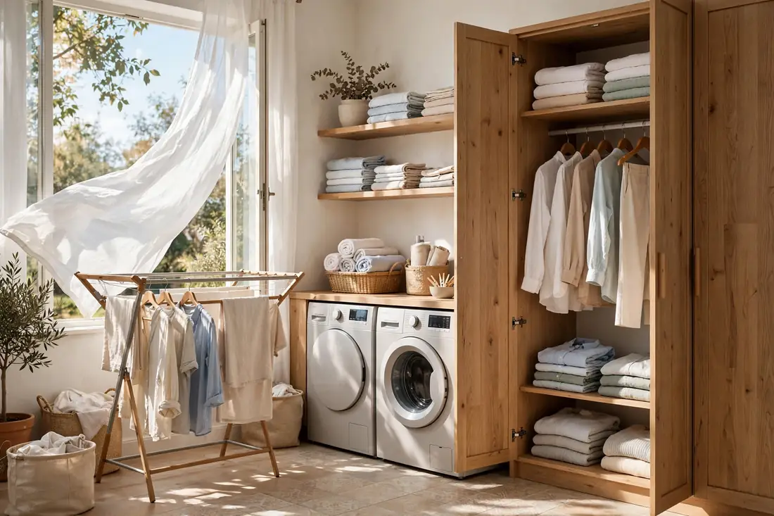 Sunny laundry room with open wardrobe doors and fresh clothes