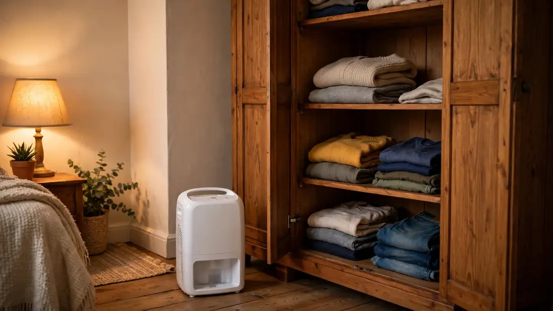 Small dehumidifier beside a wardrobe in warm home light