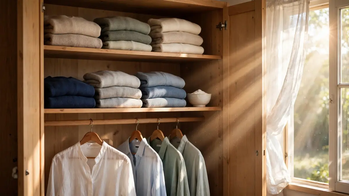 Open wooden wardrobe with neatly folded sweaters and hanging shirts in warm morning sunlight
