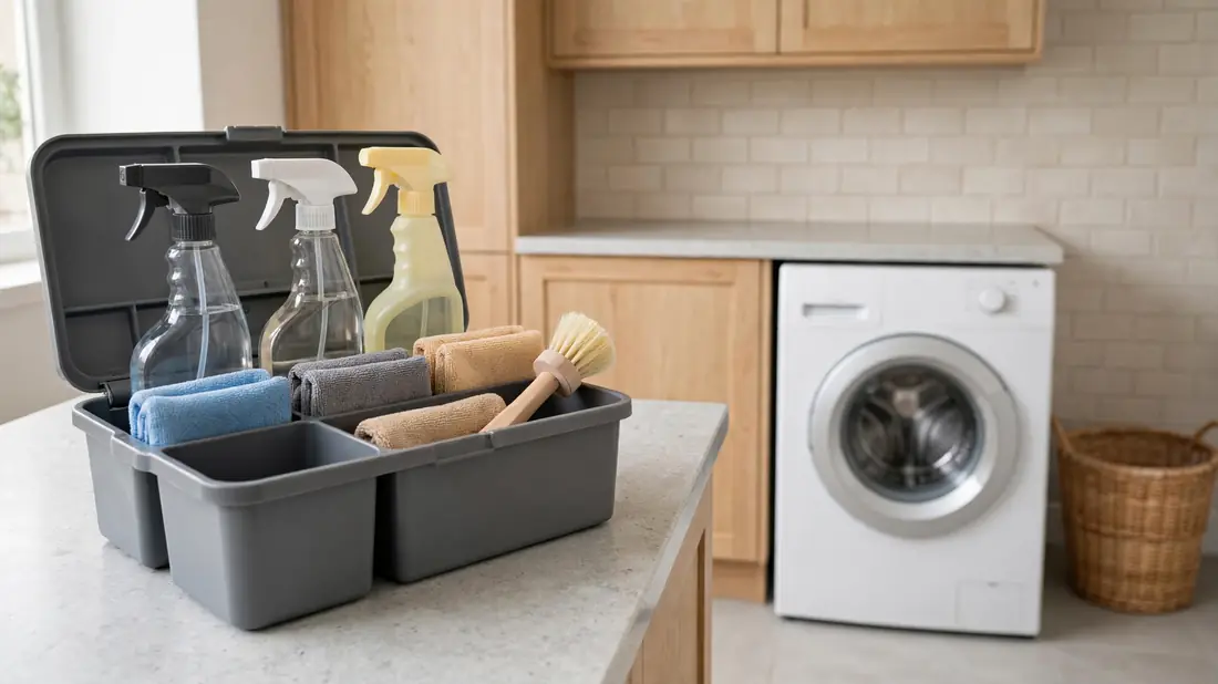 Cleaning caddy with supplies laid out next to a washing machine in a laundry room