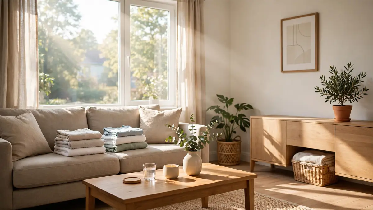Sunlit, tidy living room with a sofa, folded laundry, and a clean coffee table