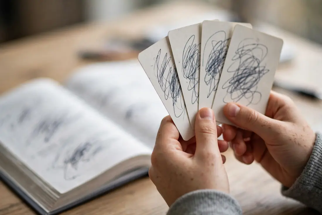 Student testing herself with handwritten flashcards beside a textbook