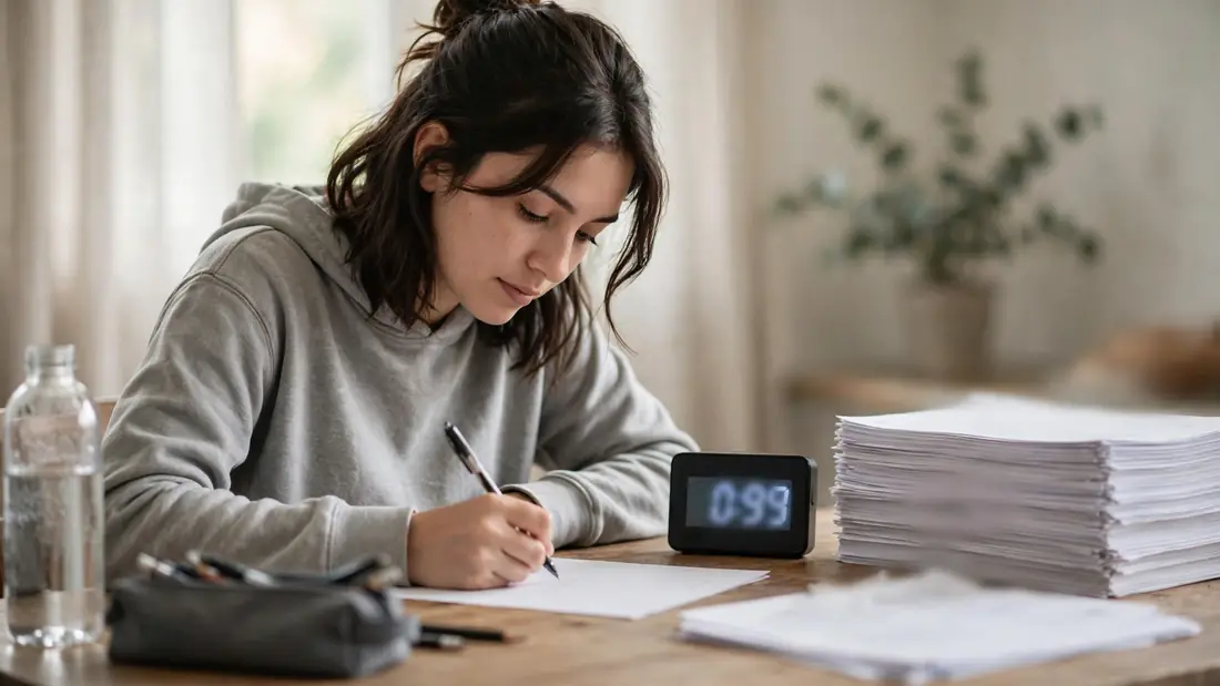 Student working through a timed past paper with a countdown timer