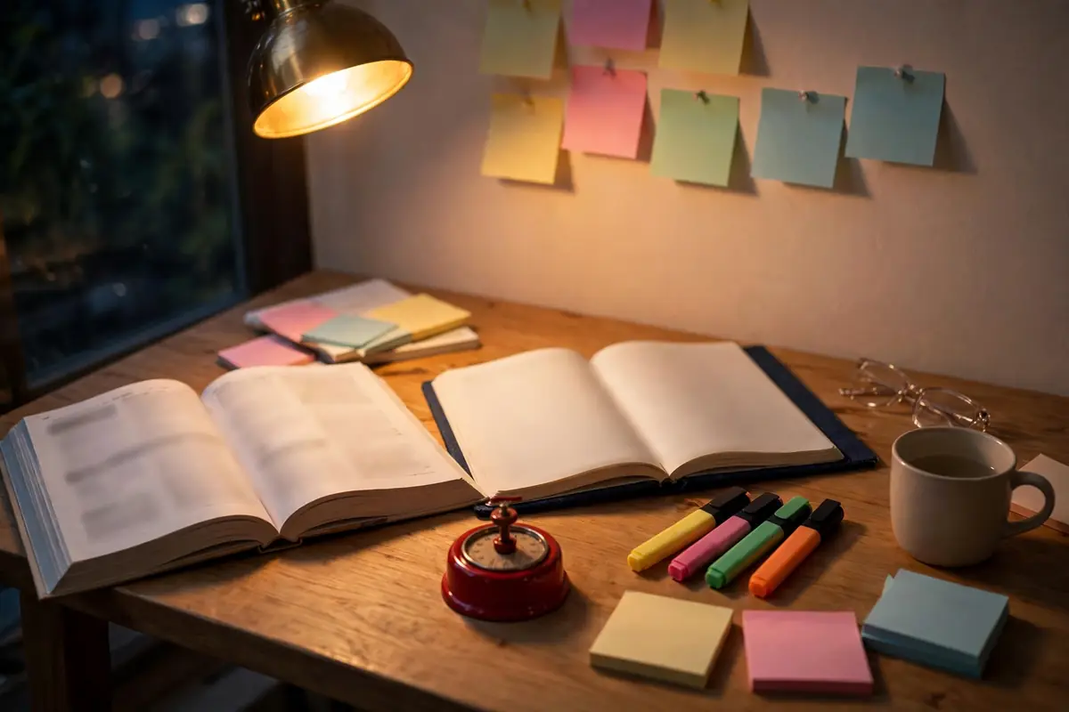 Student desk with textbooks, sticky notes and a timer in warm lamplight