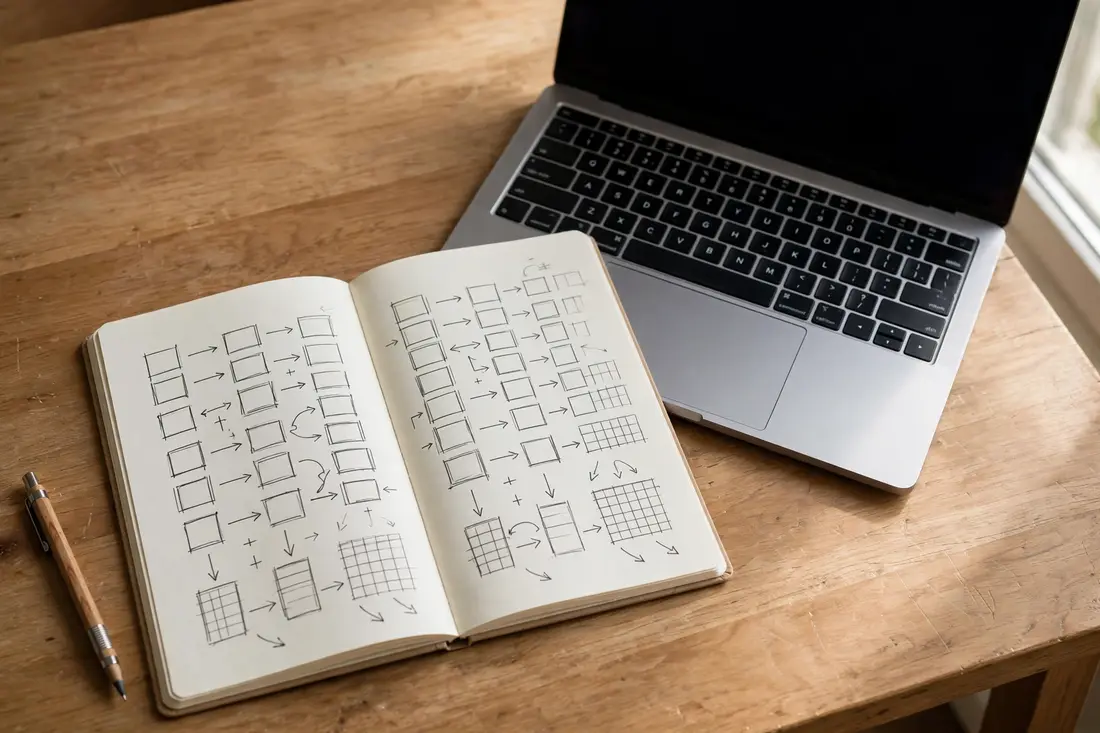 Notebook with hand-drawn column sketches beside a laptop on a wooden desk