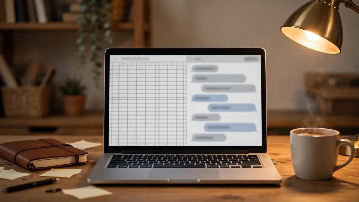 Laptop on a home office desk showing a spreadsheet grid next to an AI chat assistant window
