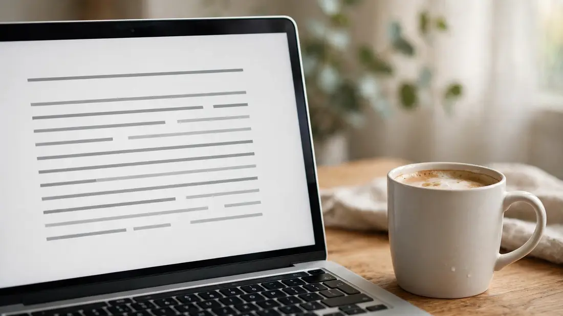 Close-up of a laptop screen showing a clean document layout with a coffee mug beside it