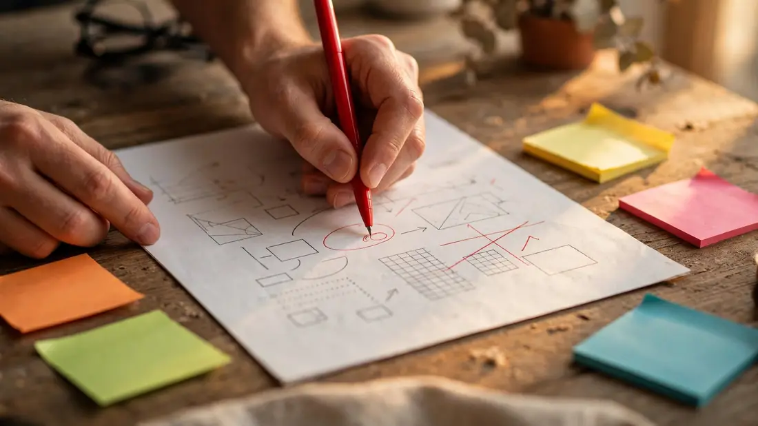 Hands holding a red pen marking up a printed document with sticky notes nearby