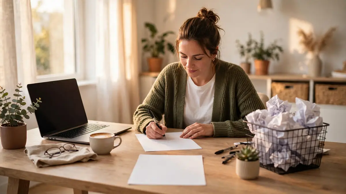 Person rewriting a resume at a bright desk with crumpled drafts and a fresh printed page