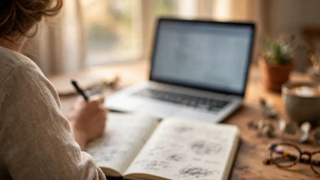 A person editing headline drafts in a notebook next to a laptop