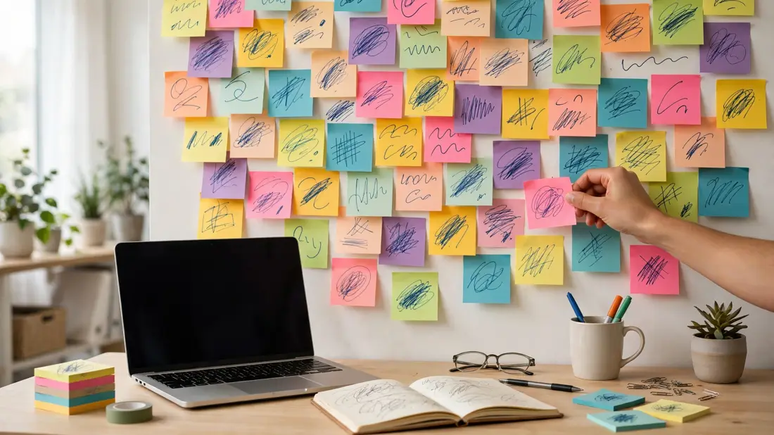 A hand rearranging sticky notes with title ideas on a wall