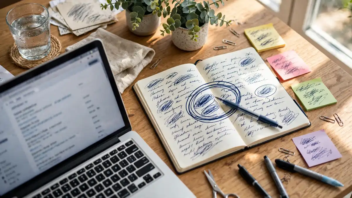 Blogger writing headline ideas next to a laptop