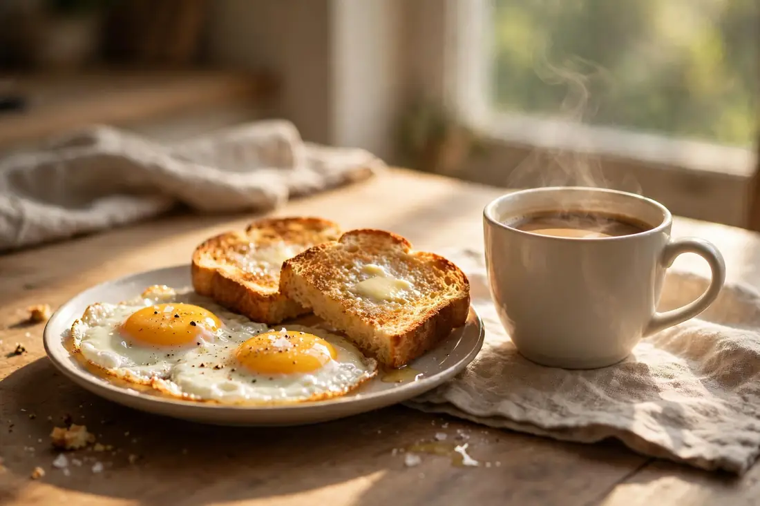 A simple hot breakfast of eggs and toast with coffee on a kitchen table in morning sunlight