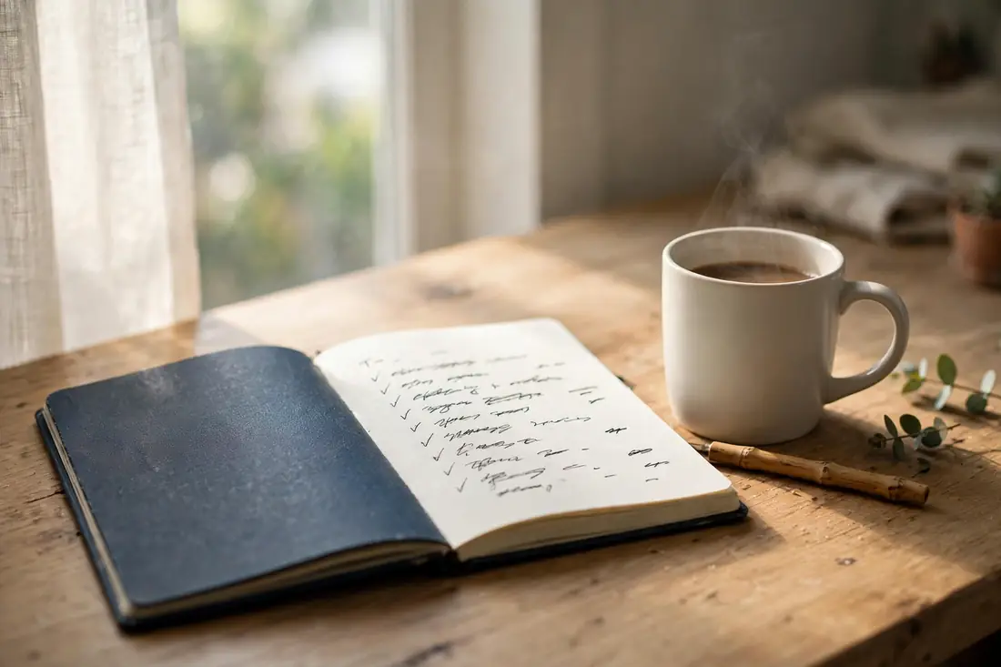 Notebook with a short to-do list and a coffee mug on a home office desk in morning light