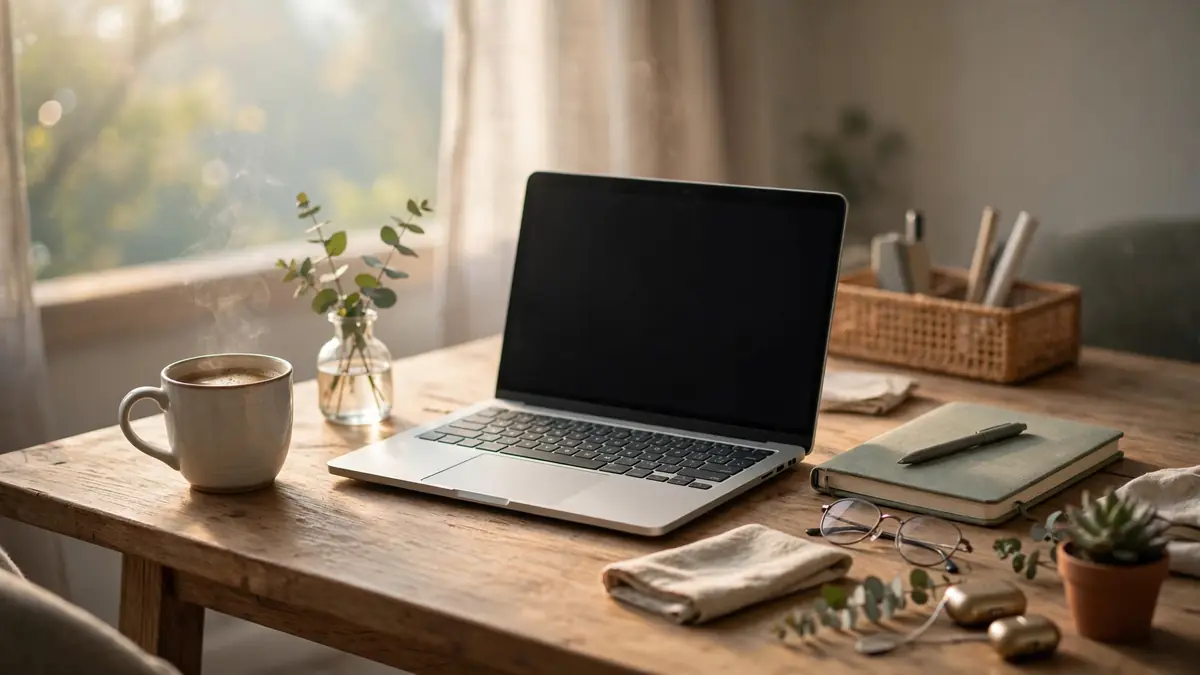 Sunlit home office desk with a steaming coffee cup beside an open laptop in the morning