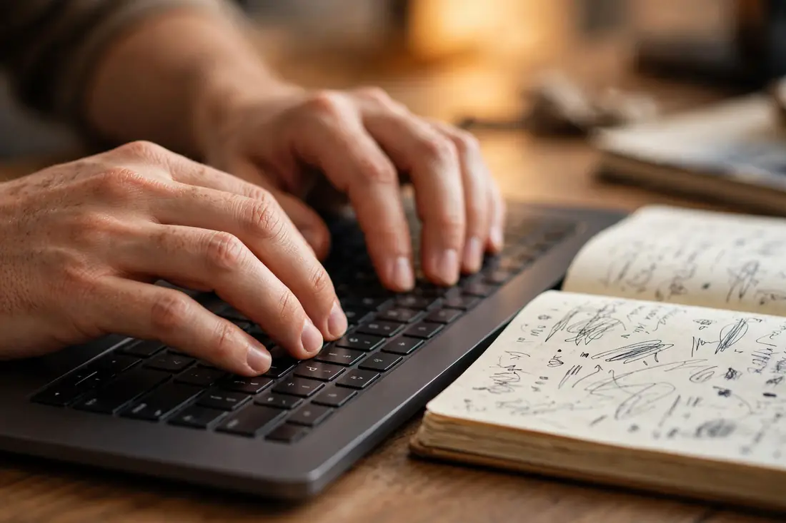 Hands typing on a laptop keyboard with a notebook of notes beside it