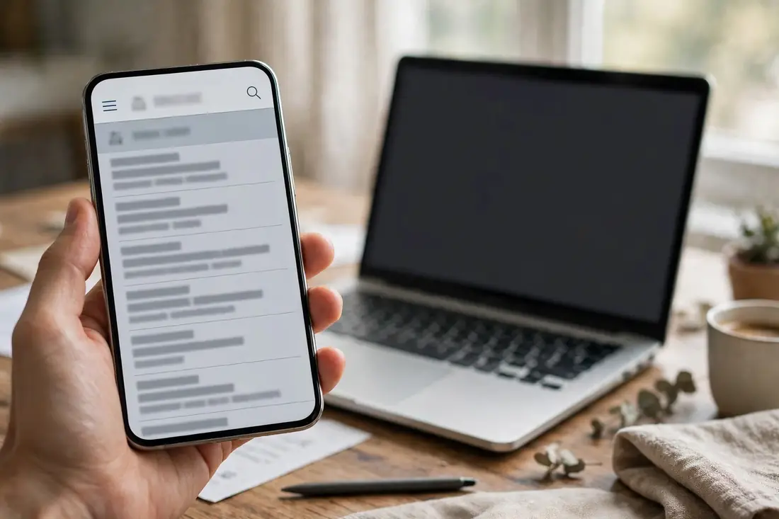 Smartphone showing an email app next to a laptop on a desk