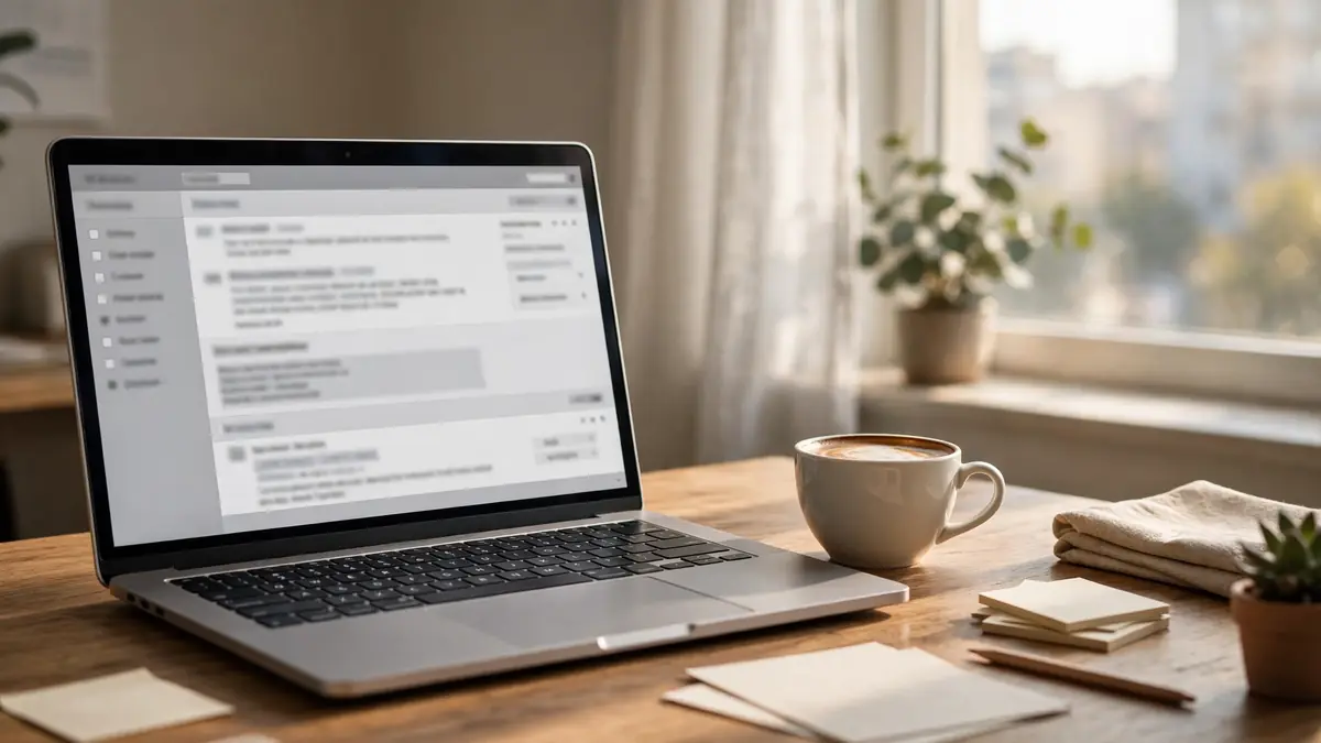 Laptop on an office desk with an email inbox open and coffee beside it