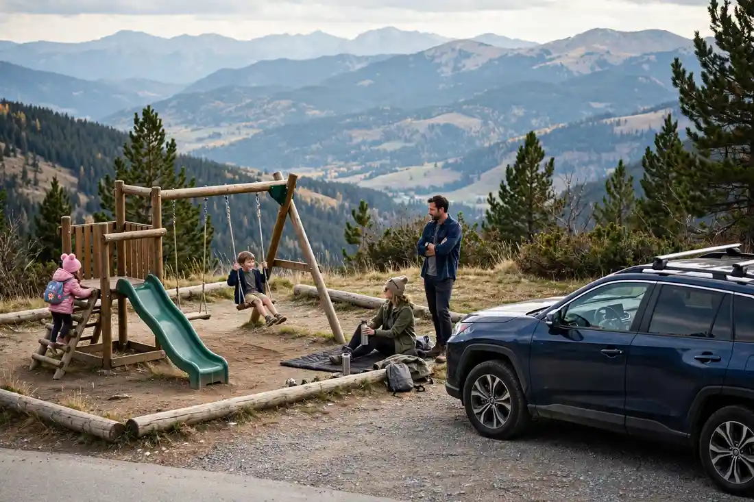 Family rest stop with a car parked and kids playing at a roadside playground