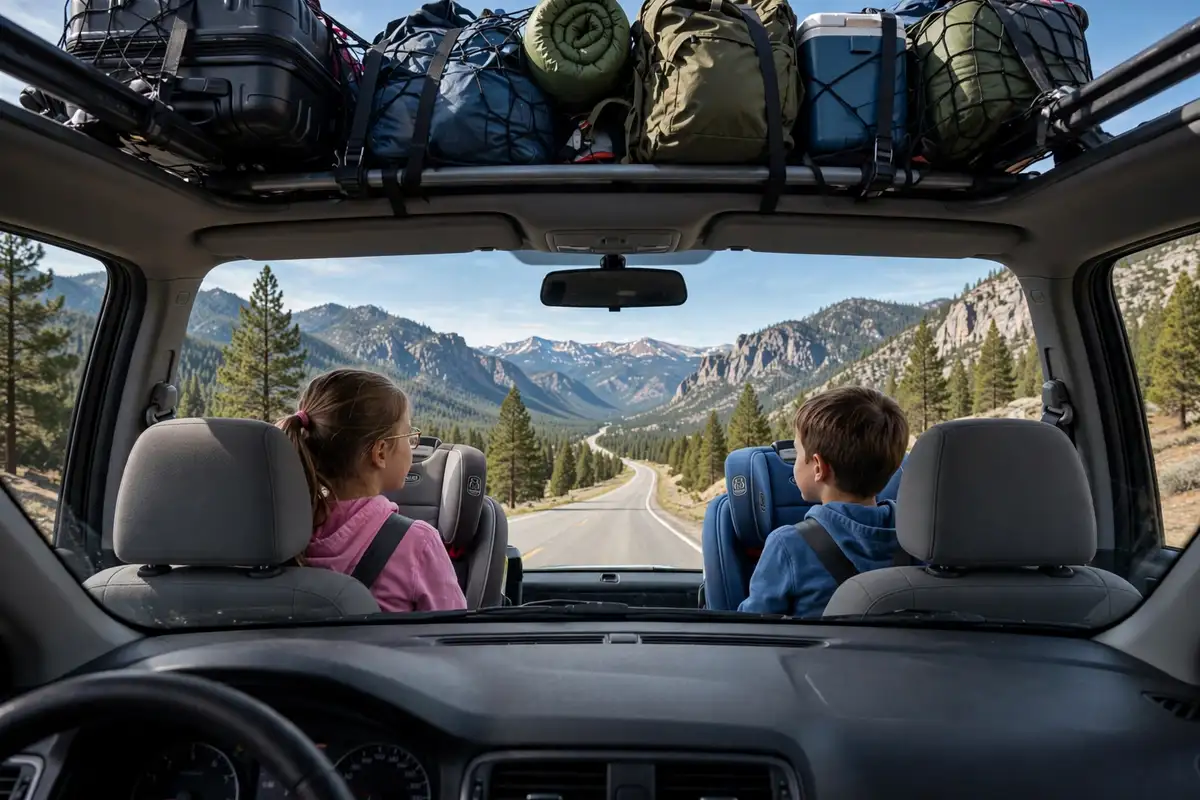 View from inside a car on a mountain road trip, kids buckled in the back seats