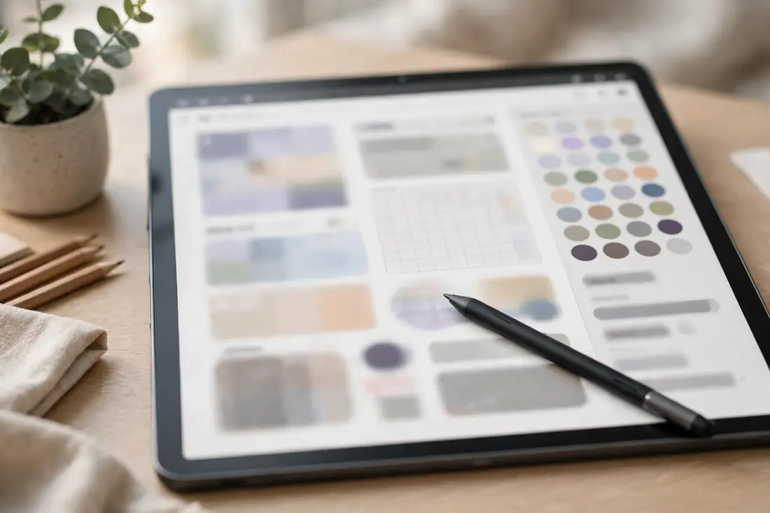 Tablet with stylus displaying a digital planner design template