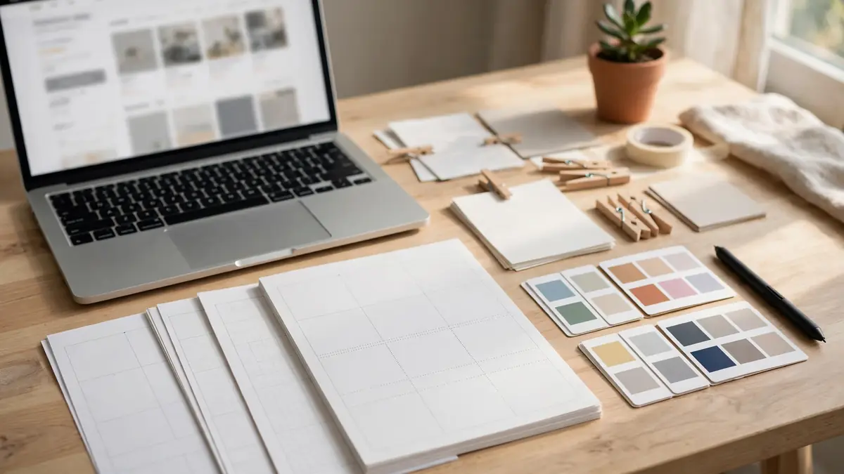 Creative desk with a laptop showing an online shop page, planner printouts and swatches