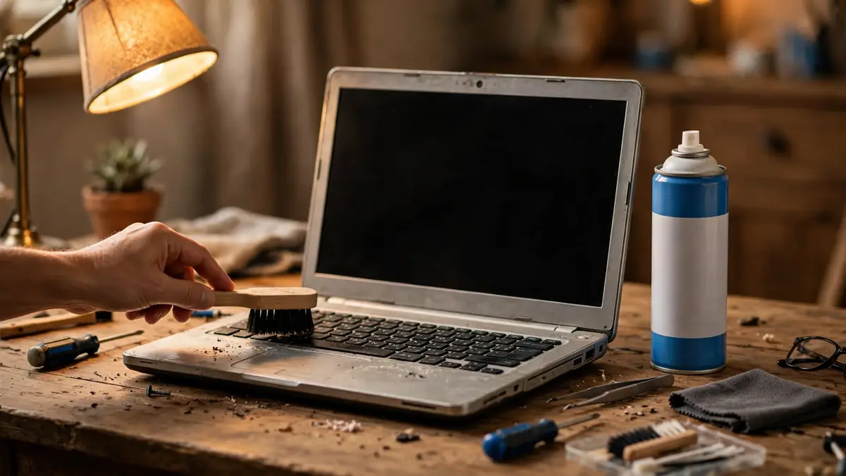 Older laptop on a desk being cleaned with a small brush, compressed air can nearby under a desk lamp