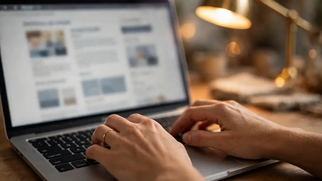 Hands typing a newsletter draft on a laptop in warm lamplight