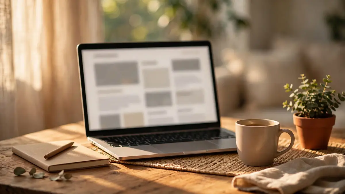 Cozy home desk with a laptop showing a newsletter layout, notebook and coffee
