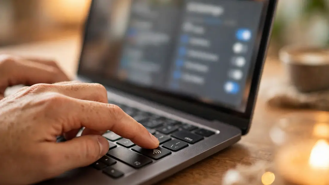 Close-up of hands on a laptop keyboard near the Wi-Fi function key