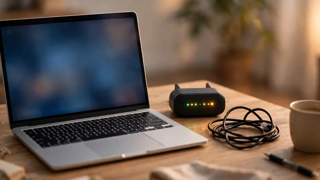 Laptop on a desk next to a home router with an ethernet cable nearby