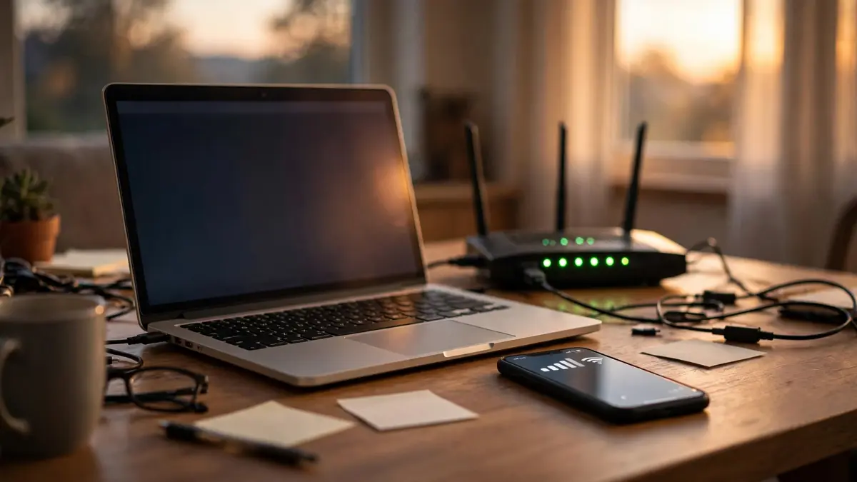 Laptop on a desk with a Wi-Fi router, phone working beside it